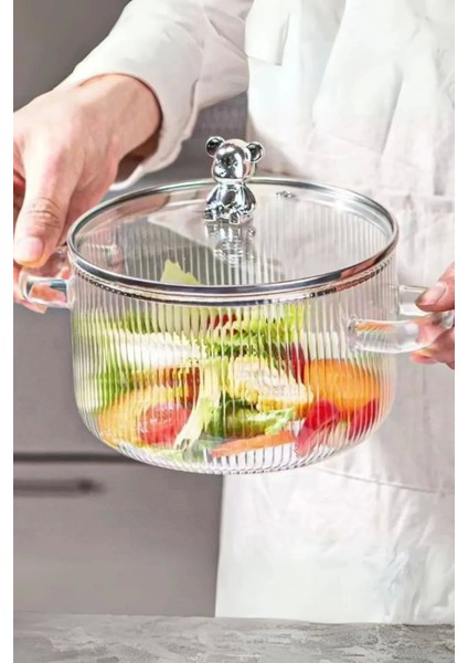 Renkli Ayıcık Figürlü Borosilikat Cam Tencere 1500ML, Ocak Üstü, Isıya Dayanıklı