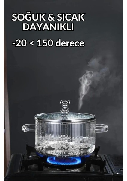 Renkli Ayıcık Figürlü Borosilikat Cam Tencere 1500ML, Ocak Üstü, Isıya Dayanıklı