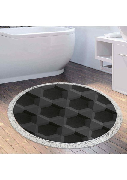 Kaymaz Dijital Mutfak & Salon Halı Star Pamuk Saçaklı Yuvarlak Geometrik E5016 Siyah