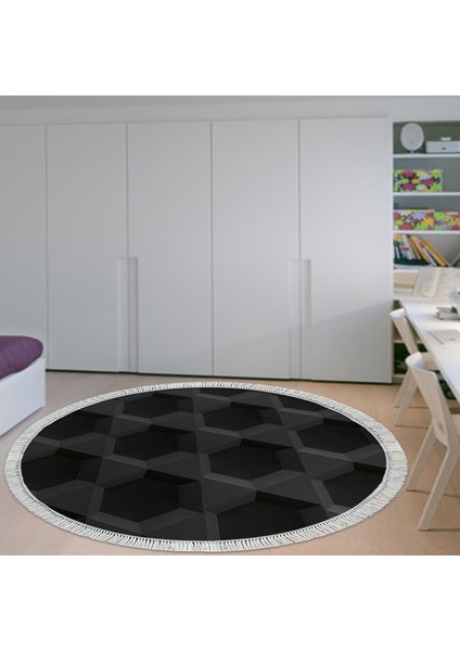 Kaymaz Dijital Mutfak & Salon Halı Star Pamuk Saçaklı Yuvarlak Geometrik E5016 Siyah