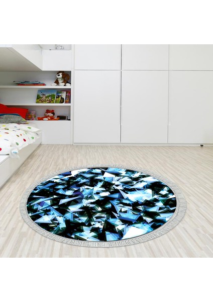 Kaymaz Dijital Mutfak & Salon Halı Yıldız Deri Saçaklı Yuvarlak Geometrik E5012 Mavi