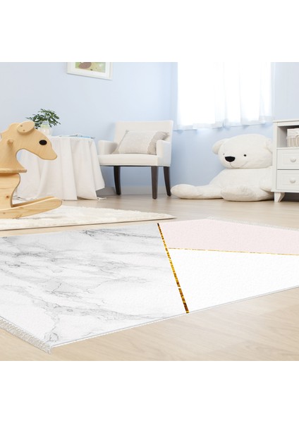 Kaymaz Dijital Mutfak & Salon Halı Star Pamuk Saçaklı Geometrik E5008 Beyaz