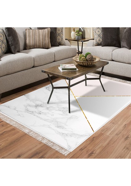 Kaymaz Dijital Mutfak & Salon Halı Star Pamuk Saçaklı Geometrik E5008 Beyaz