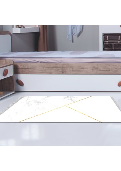 Kaymaz Dijital Mutfak & Salon Halı Star Pamuk Saçaklı Geometrik E5008 Beyaz