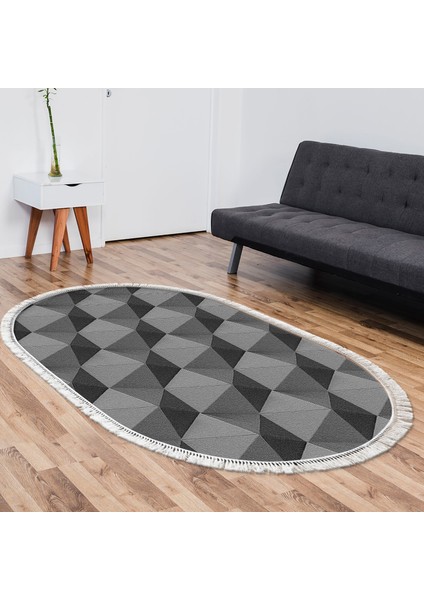 Kaymaz Dijital Mutfak & Salon Halı Star Pamuk Saçaklı Oval Geometrik E5010 Gri