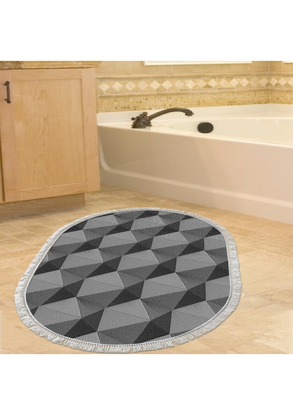 Kaymaz Dijital Mutfak & Salon Halı Star Pamuk Saçaklı Oval Geometrik E5010 Gri