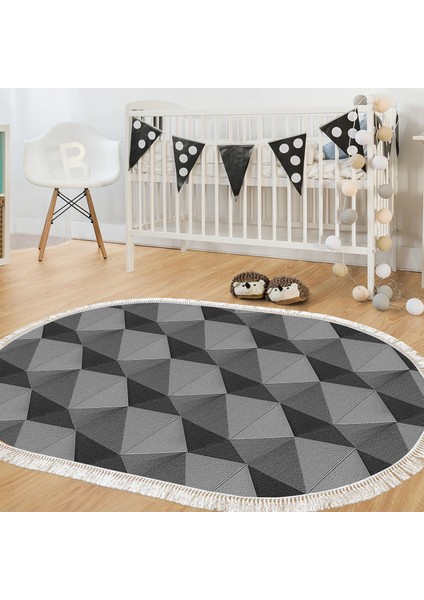Kaymaz Dijital Mutfak & Salon Halı Star Pamuk Saçaklı Oval Geometrik E5010 Gri