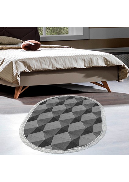 Kaymaz Dijital Mutfak & Salon Halı Star Pamuk Saçaklı Oval Geometrik E5010 Gri