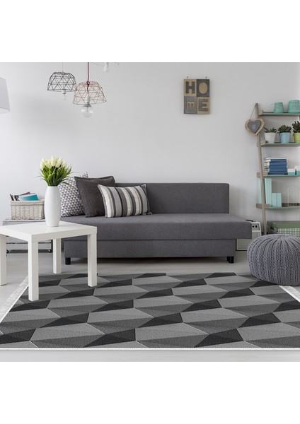 Kaymaz Dijital Mutfak & Salon Halı Star Pamuk Saçaklı Geometrik E5010 Gri