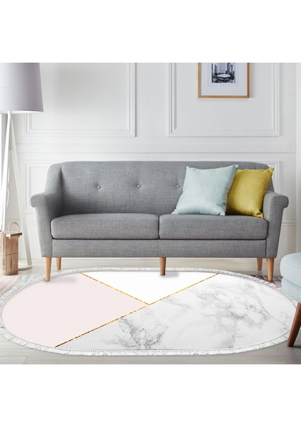 Kaymaz Dijital Mutfak & Salon Halı Trend Saçaklı Oval Geometrik E5008 Beyaz