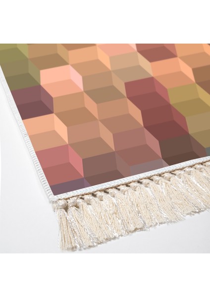 Kaymaz Dijital Mutfak & Salon Halı Trend Saçaklı Geometrik E5014 Renkli