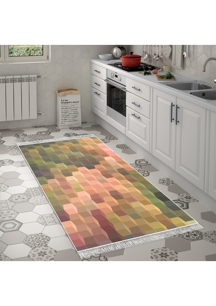 Kaymaz Dijital Mutfak & Salon Halı Trend Saçaklı Geometrik E5014 Renkli