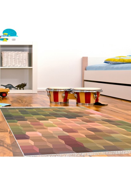 Kaymaz Dijital Mutfak & Salon Halı Trend Saçaklı Geometrik E5014 Renkli
