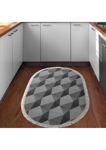Kaymaz Dijital Mutfak & Salon Halı Star Pamuk Saçaklı Oval Geometrik E5010 Gri