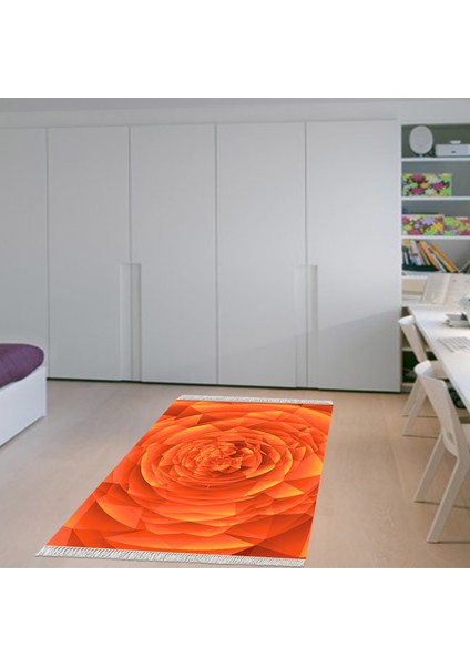 Kaymaz Dijital Mutfak & Salon Halı Star Pamuk Saçaklı Geometrik E5011 Turuncu