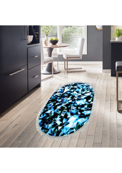 Kaymaz Dijital Mutfak & Salon Halı Star Pamuk Saçaklı Oval Geometrik E5012 Mavi