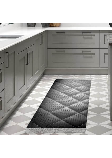 Kaymaz Dijital Mutfak & Salon Halı Trend Saçaklı Geometrik E5013 Siyah