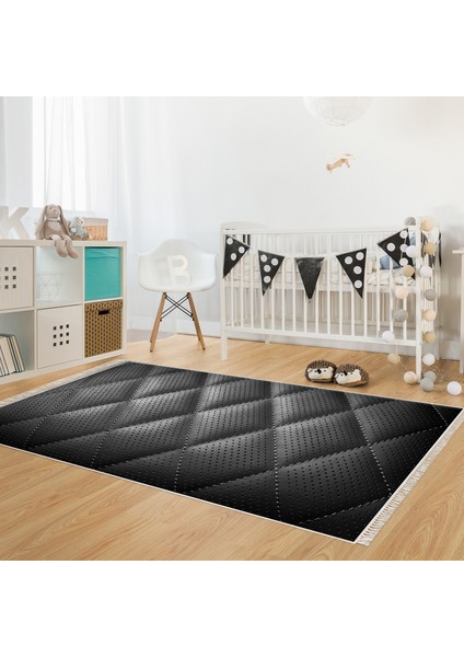Kaymaz Dijital Mutfak & Salon Halı Trend Saçaklı Geometrik E5013 Siyah