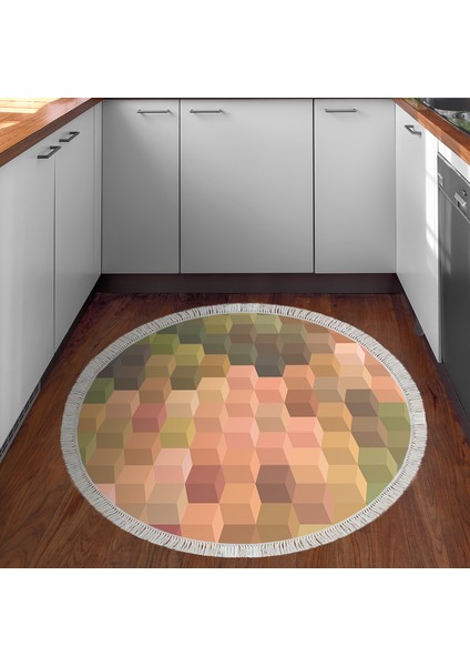 Kaymaz Dijital Mutfak & Salon Halı Trend Saçaklı Yuvarlak Geometrik E5014 Renkli