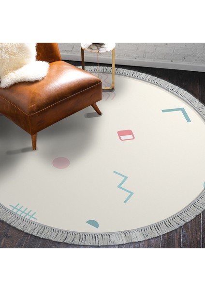 Kaymaz Dijital Mutfak & Salon Halı Star Pamuk Saçaklı Yuvarlak Geometrik E5015 Beyaz