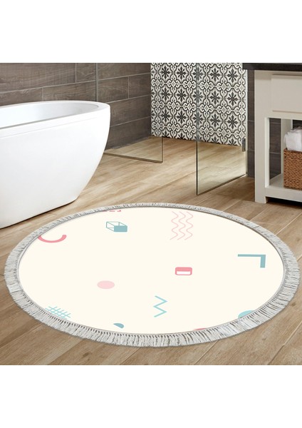 Kaymaz Dijital Mutfak & Salon Halı Star Pamuk Saçaklı Yuvarlak Geometrik E5015 Beyaz