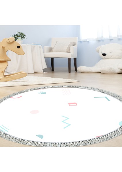 Kaymaz Dijital Mutfak & Salon Halı Star Pamuk Saçaklı Yuvarlak Geometrik E5015 Beyaz