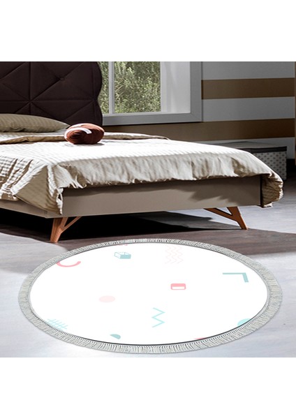 Kaymaz Dijital Mutfak & Salon Halı Star Pamuk Saçaklı Yuvarlak Geometrik E5015 Beyaz