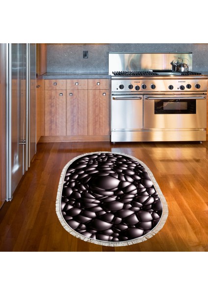 Kaymaz Dijital Mutfak & Salon Halı Trend Saçaklı Oval Geometrik E5009 Siyah indirimleri