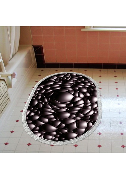 Kaymaz Dijital Mutfak & Salon Halı Trend Saçaklı Oval Geometrik E5009 Siyah