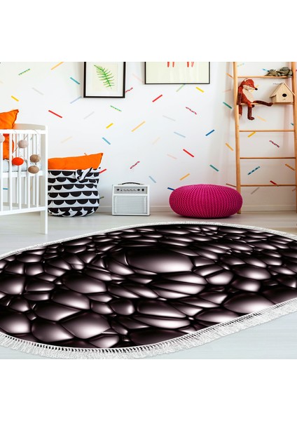 Kaymaz Dijital Mutfak & Salon Halı Trend Saçaklı Oval Geometrik E5009 Siyah