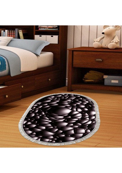 Kaymaz Dijital Mutfak & Salon Halı Trend Saçaklı Oval Geometrik E5009 Siyah