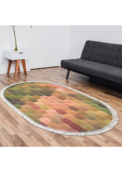 Kaymaz Dijital Mutfak & Salon Halı Trend Saçaklı Oval Geometrik E5014 Renkli