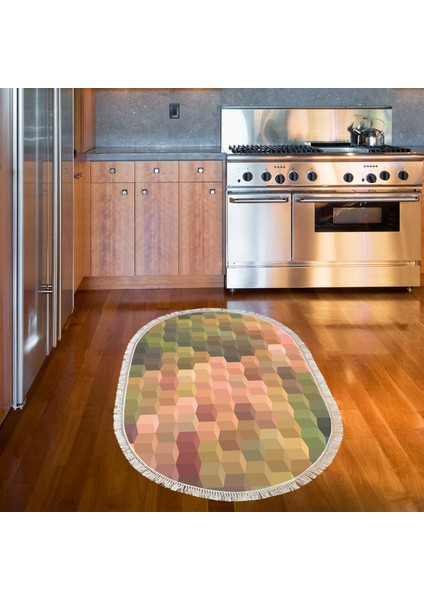 Kaymaz Dijital Mutfak & Salon Halı Trend Saçaklı Oval Geometrik E5014 Renkli indirimleri