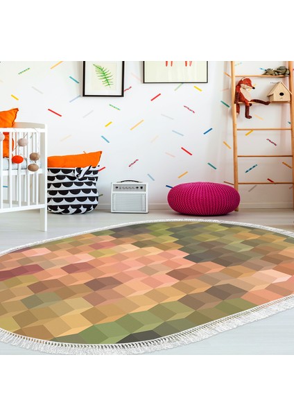 Kaymaz Dijital Mutfak & Salon Halı Trend Saçaklı Oval Geometrik E5014 Renkli