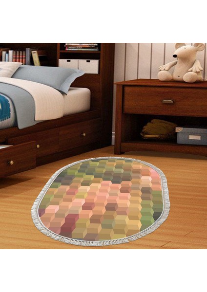 Kaymaz Dijital Mutfak & Salon Halı Trend Saçaklı Oval Geometrik E5014 Renkli
