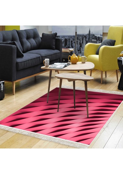Kaymaz Dijital Mutfak & Salon Halı Trend Saçaklı Geometrik E5017 Pudra