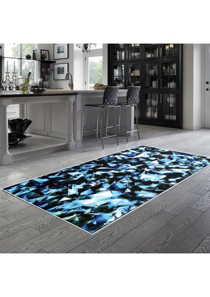 Kaymaz Dijital Mutfak & Salon Halı Star Pamuk Geometrik E5012 Mavi