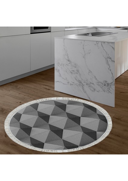 Kaymaz Dijital Mutfak & Salon Halı Yıldız Deri Saçaklı Yuvarlak Geometrik E5010 Gri