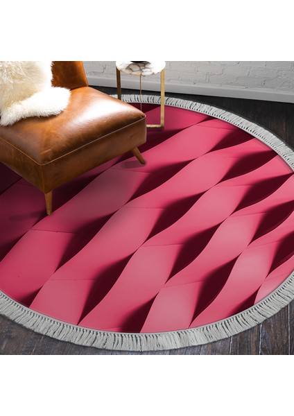 Kaymaz Dijital Mutfak & Salon Halı Trend Saçaklı Yuvarlak Geometrik E5017 Pudra