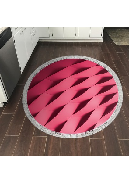 Kaymaz Dijital Mutfak & Salon Halı Trend Saçaklı Yuvarlak Geometrik E5017 Pudra