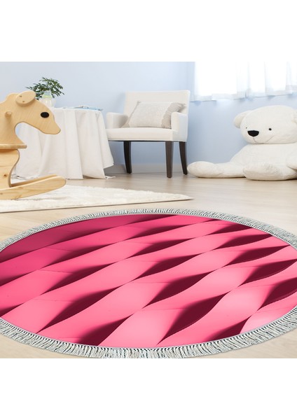 Kaymaz Dijital Mutfak & Salon Halı Trend Saçaklı Yuvarlak Geometrik E5017 Pudra