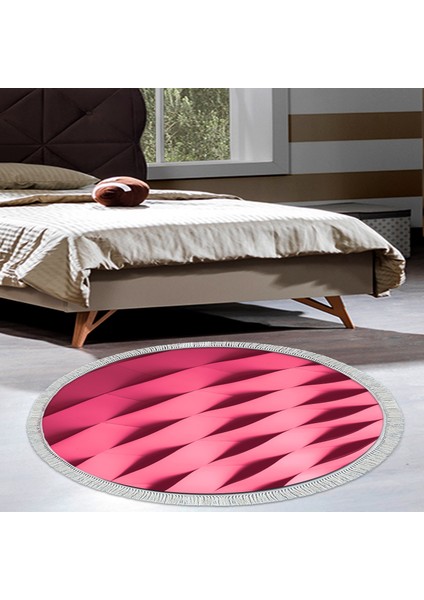 Kaymaz Dijital Mutfak & Salon Halı Trend Saçaklı Yuvarlak Geometrik E5017 Pudra
