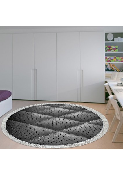 Kaymaz Dijital Mutfak & Salon Halı Trend Saçaklı Yuvarlak Geometrik E5013 Siyah