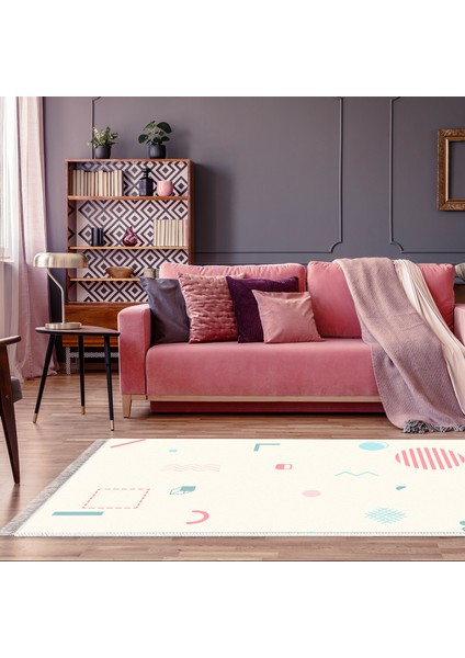 Kaymaz Dijital Mutfak & Salon Halı Yıldız Deri Saçaklı Geometrik E5015 Beyaz