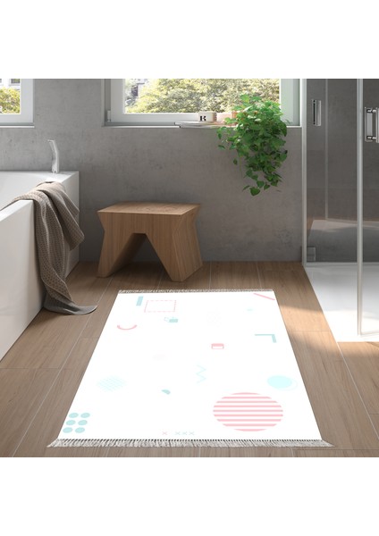 Kaymaz Dijital Mutfak & Salon Halı Yıldız Deri Saçaklı Geometrik E5015 Beyaz