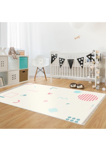 Kaymaz Dijital Mutfak & Salon Halı Yıldız Deri Saçaklı Geometrik E5015 Beyaz