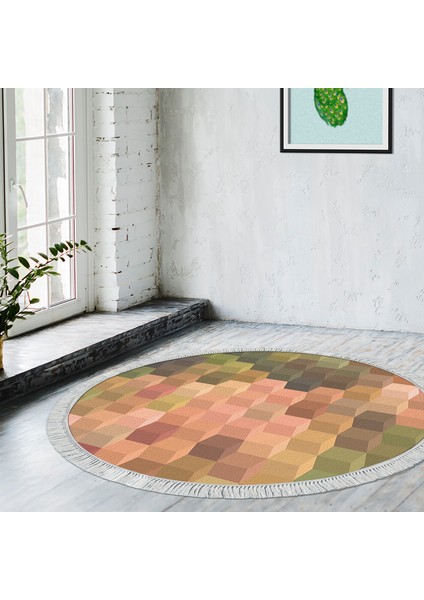 Kaymaz Dijital Mutfak & Salon Halı Trend Saçaklı Yuvarlak Geometrik E5014 Renkli
