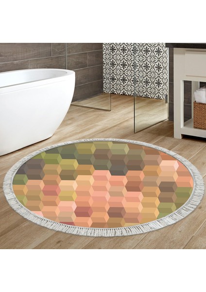 Kaymaz Dijital Mutfak & Salon Halı Trend Saçaklı Yuvarlak Geometrik E5014 Renkli