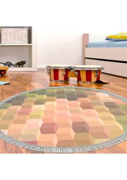 Kaymaz Dijital Mutfak & Salon Halı Trend Saçaklı Yuvarlak Geometrik E5014 Renkli