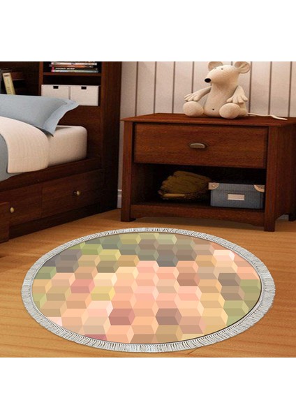 Kaymaz Dijital Mutfak & Salon Halı Trend Saçaklı Yuvarlak Geometrik E5014 Renkli